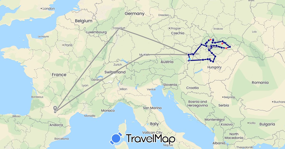 TravelMap itinerary: driving, plane, hiking, boat in Austria, Germany, France, Hungary, Slovakia (Europe)