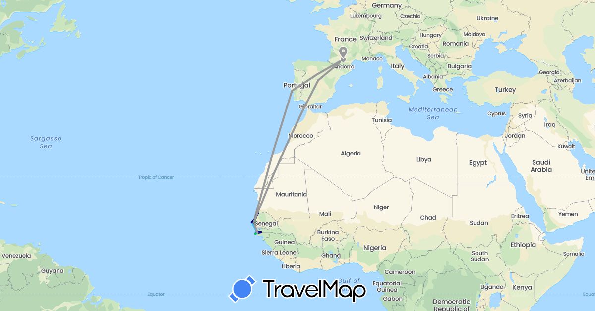 TravelMap itinerary: driving, bus, plane, boat in Spain, France, Portugal, Senegal (Africa, Europe)