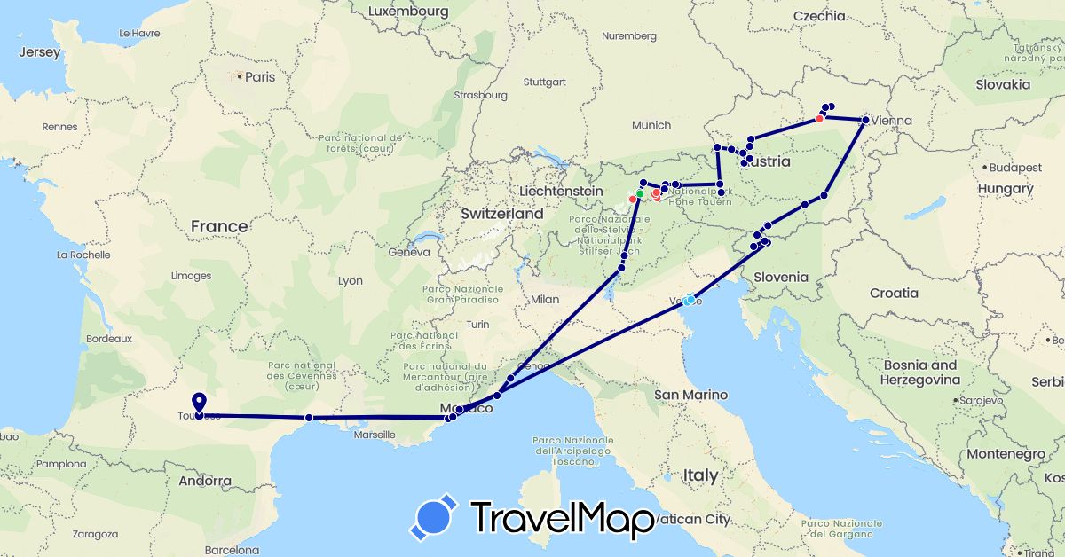 TravelMap itinerary: driving, bus, hiking, boat in Austria, France, Italy, Slovenia (Europe)