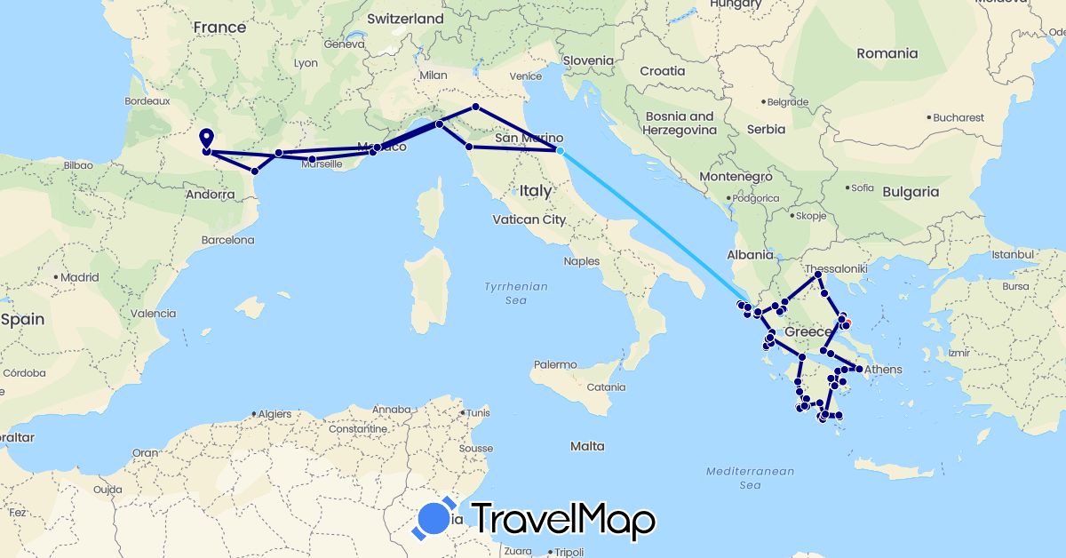 TravelMap itinerary: driving, hiking, boat in France, Greece, Italy (Europe)