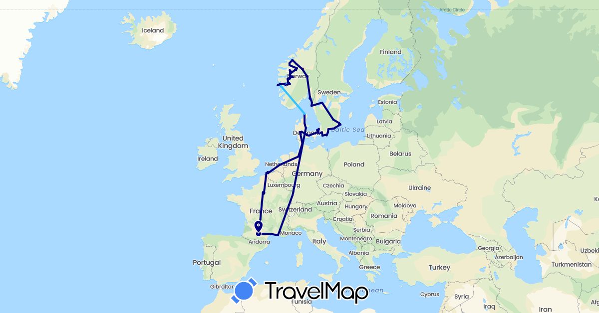 TravelMap itinerary: driving, train, hiking, boat in Belgium, Germany, Denmark, France, Netherlands, Norway, Sweden (Europe)