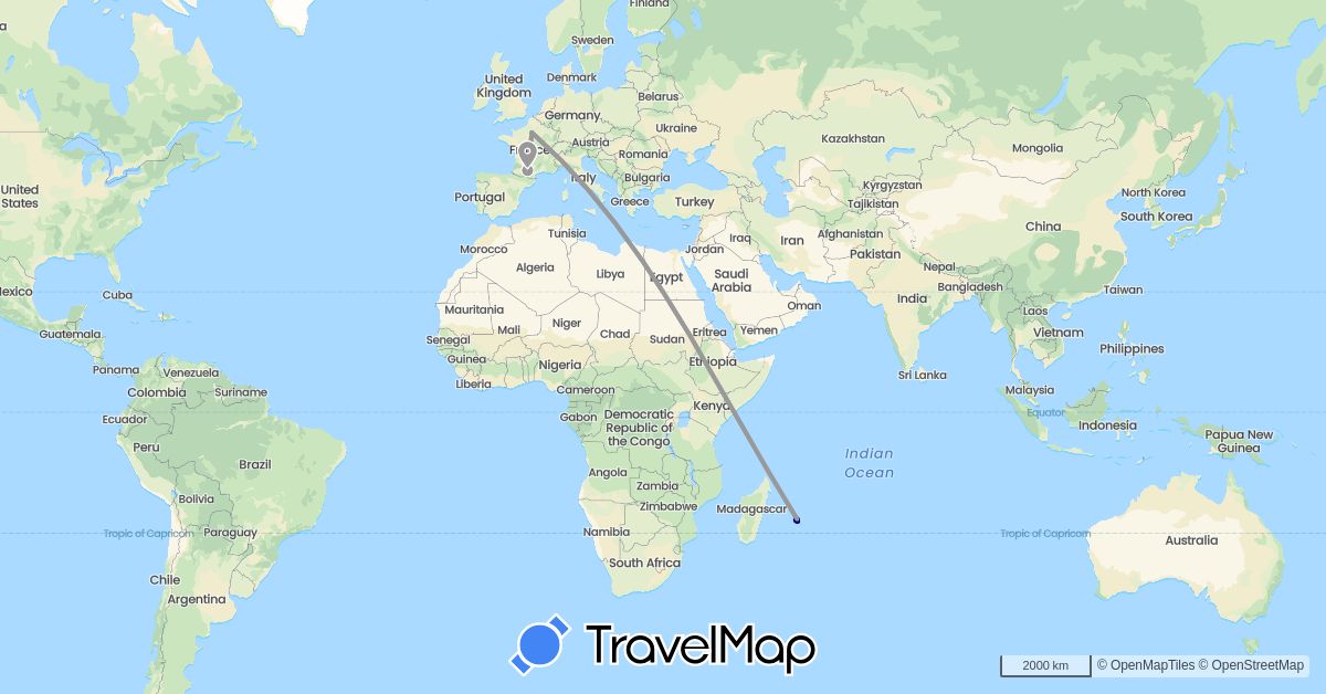 TravelMap itinerary: driving, plane, hiking in France (Europe)