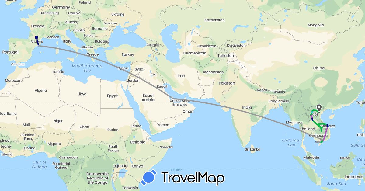 TravelMap itinerary: driving, bus, plane, cycling, train, hiking, boat, motorbike in Spain, France, Laos, Qatar, Vietnam (Asia, Europe)
