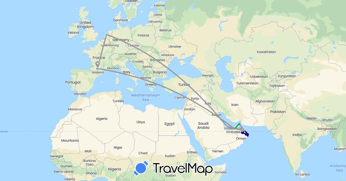 TravelMap itinerary: driving, bus, plane, boat in United Arab Emirates, France, Italy, Netherlands, Oman, Qatar (Asia, Europe)