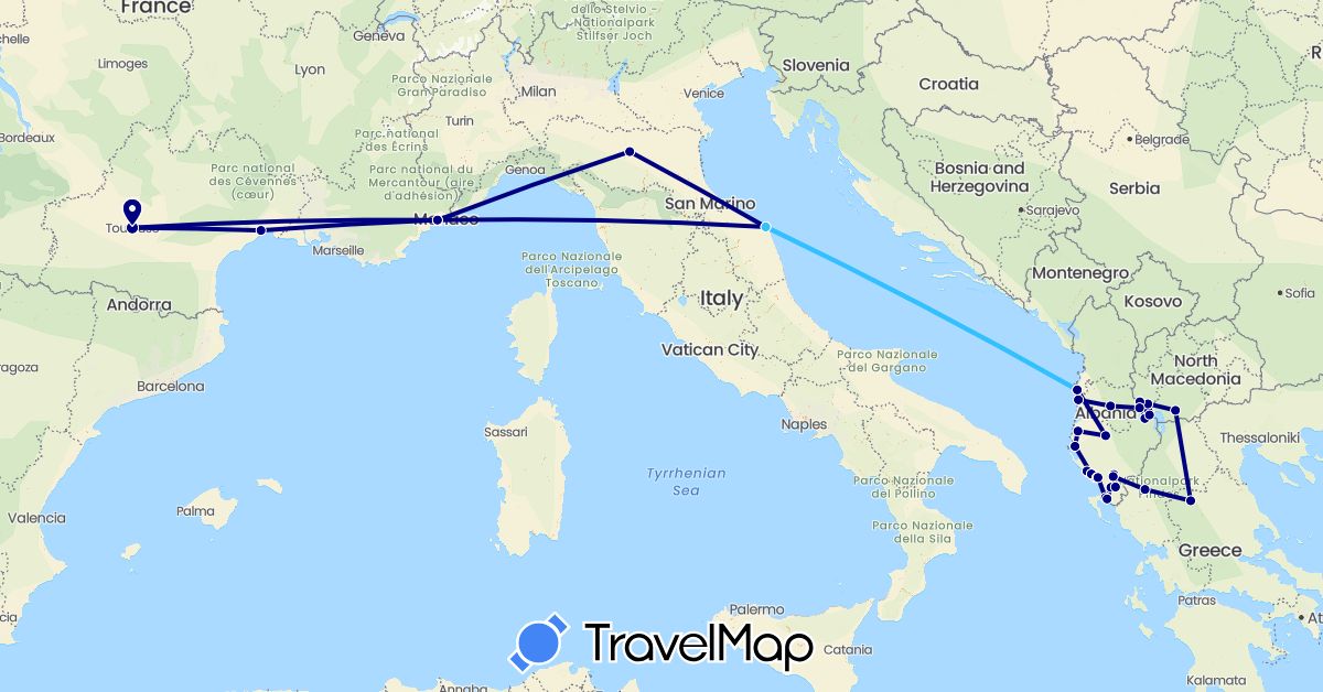 TravelMap itinerary: driving, boat in Albania, France, Greece, Italy, Macedonia (Europe)