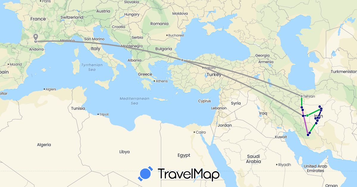 TravelMap itinerary: driving, bus, plane, train in France, Iran, Turkey (Asia, Europe)