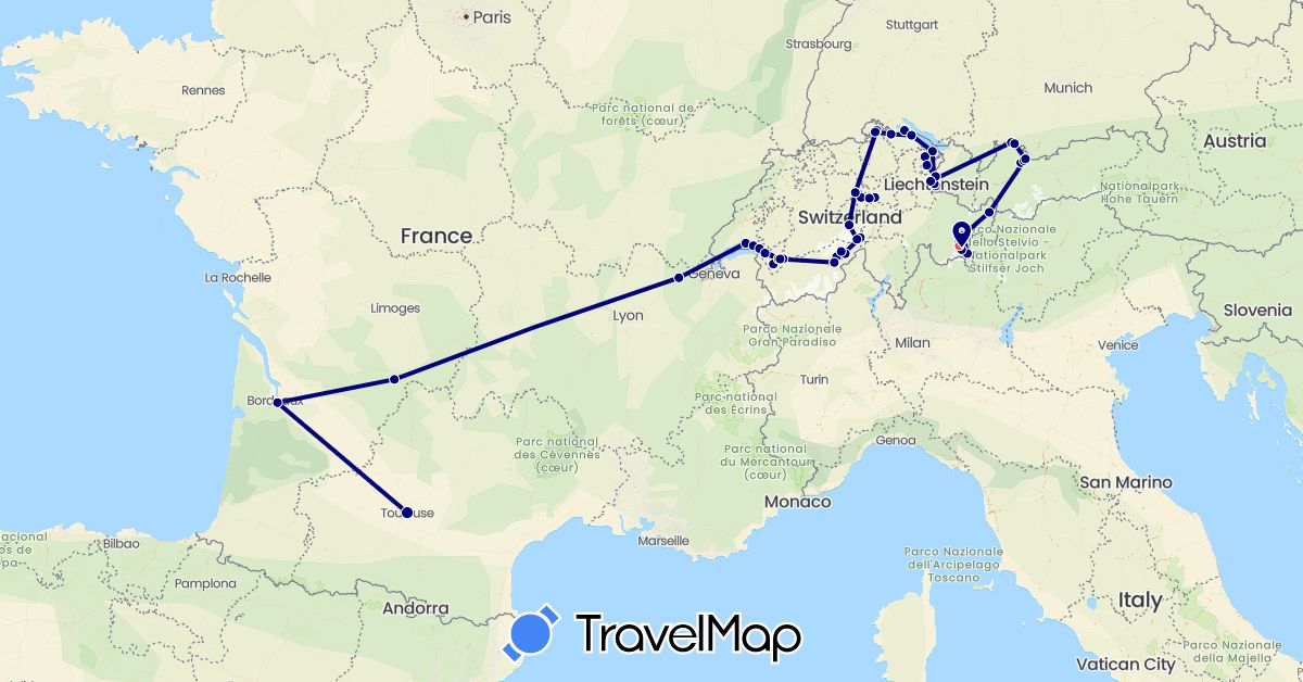 TravelMap itinerary: driving, hiking in Austria, Switzerland, Germany, France, Liechtenstein (Europe)