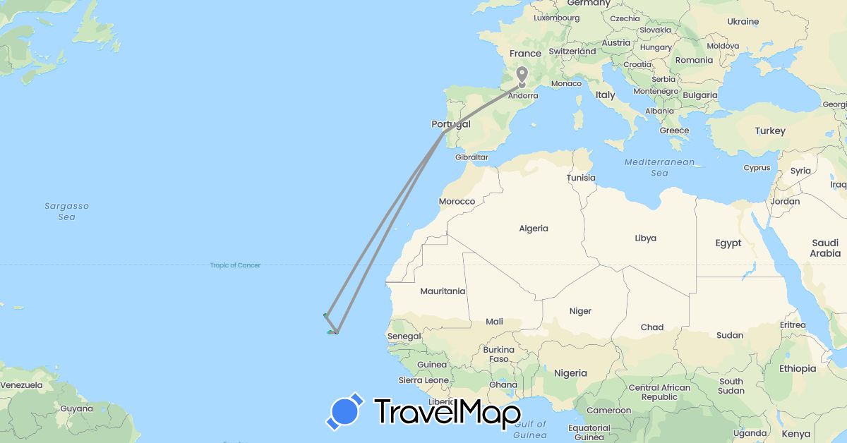 TravelMap itinerary: driving, bus, plane, hiking, boat in Cape Verde, France, Portugal (Africa, Europe)